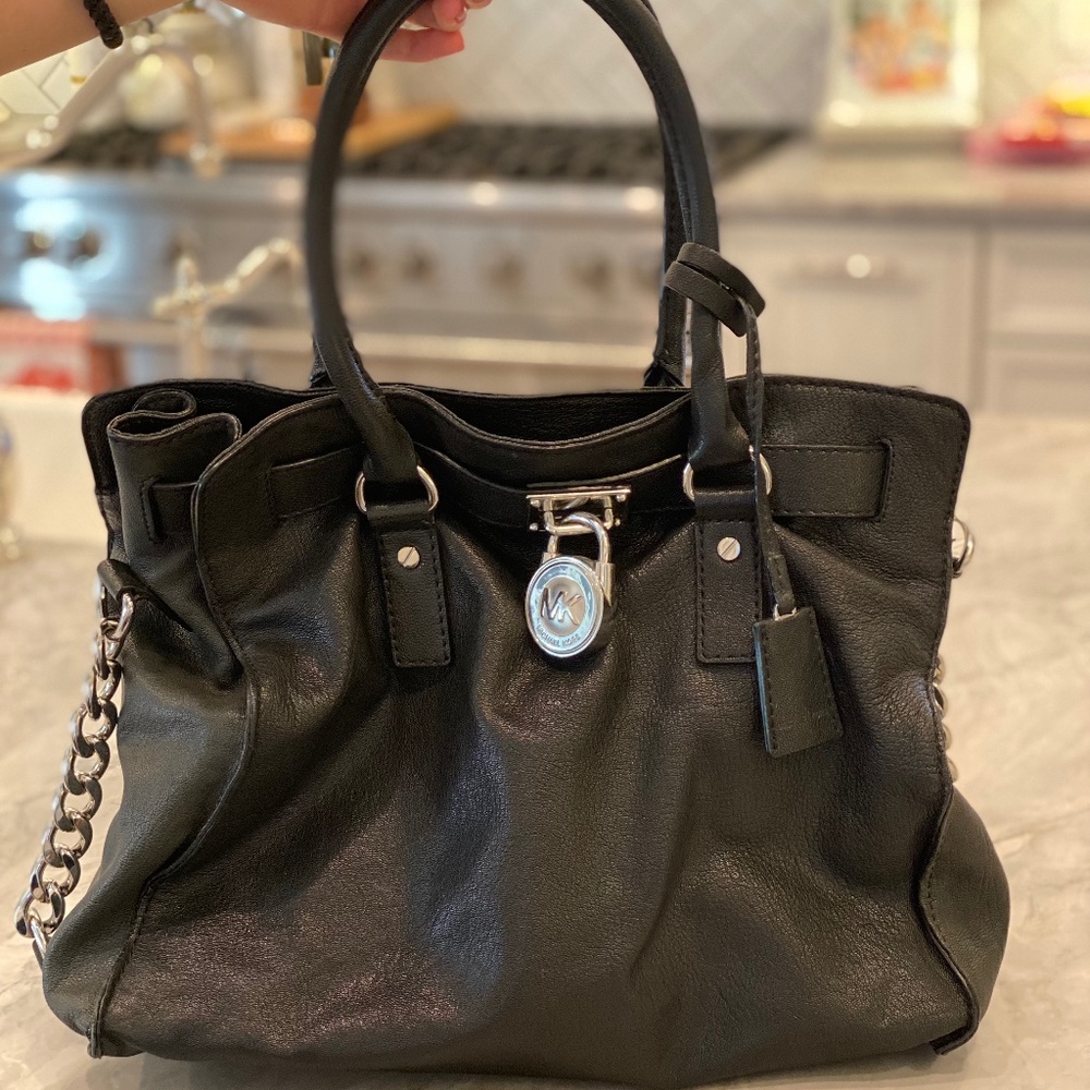 Michael Kors Hamilton large black bag with silver chain details